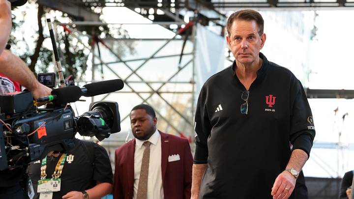 Jan 19, 2026; Miami Gardens, FL, USA; Indiana Hoosiers head coach Curt Cignetti arrives prior to the College Football Playoff National Championship game against the Miami Hurricanes at Hard Rock Stadium. Mandatory Credit: Sam Navarro-Imagn Images