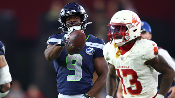 Sep 25, 2025; Glendale, Arizona, USA; Seattle Seahawks running back Kenneth Walker III (9) reacts in the first half against the Arizona Cardinals at State Farm Stadium. Mandatory Credit: Mark J. Rebilas-Imagn Images