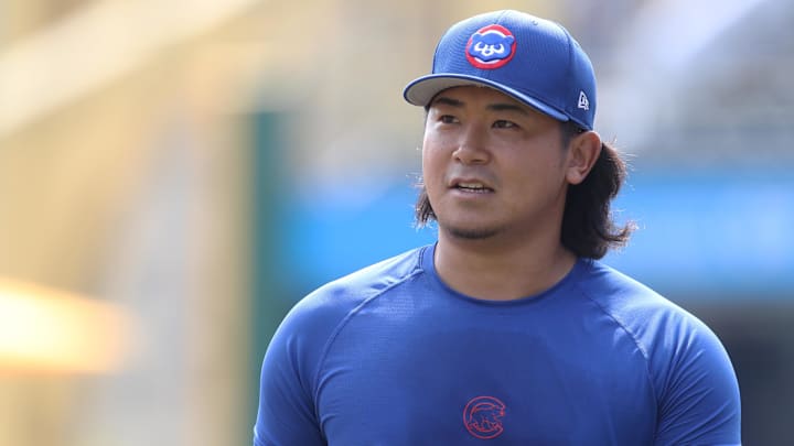 May 1, 2025; Pittsburgh, Pennsylvania, USA; Chicago Cubs pitcher Shota Imanaga (18) looks on before the game against the Pittsburgh Pirates at PNC Park.