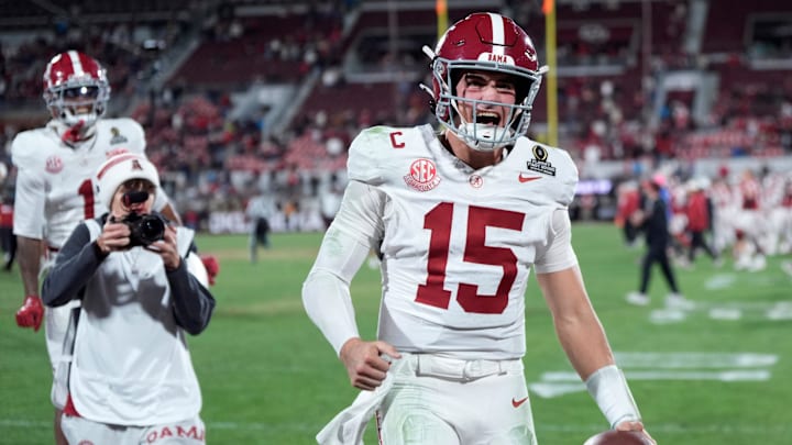 Alabama's Ty Simpson (15) celebrates following the College Football Playoff game between the University of Oklahoma Sooners (OU) and the Alabama Crimson Tide at the Gaylord Family Ð Oklahoma Memorial Stadium in Norman, Okla., Friday Dec. 19, 2025. Alabama's Ty Simpson (15) celebrates following the College Football Playoff game between the University of Oklahoma Sooners (OU) and the Alabama Crimson Tide at the Gaylord Family Ð Oklahoma Memorial Stadium in Norman, Okla., Friday Dec. 19, 2025.