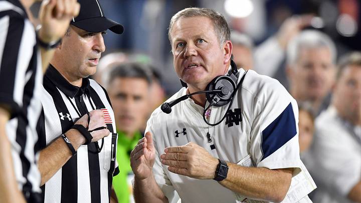 Oct 29, 2016; South Bend, IN, USA; Notre Dame Fighting Irish head coach Brian Kelly calls for a timeout in the fourth quarter against the Miami Hurricanes at Notre Dame Stadium. Notre Dame won 30-27. Mandatory Credit: Matt Cashore-USA TODAY Sports