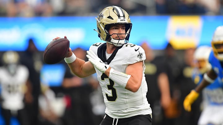 Oct 27, 2024; Inglewood, California, USA; New Orleans Saints quarterback Jake Haener (3) throws against the Los Angeles Chargers during the second half at SoFi Stadium. Mandatory Credit: Gary A. Vasquez-Imagn Images Oct 27, 2024; Inglewood, California, USA; New Orleans Saints quarterback Jake Haener (3) throws against the Los Angeles Chargers during the second half at SoFi Stadium. Mandatory Credit: Gary A. Vasquez-Imagn Images