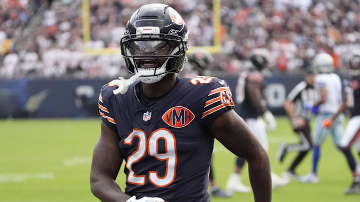 Sep 21, 2025; Chicago, Illinois, USA; Chicago Bears cornerback Tyrique Stevenson (29) reacts after a turnover against the Dallas Cowboys during the first half at Soldier Field. Mandatory Credit: David Banks-Imagn Images