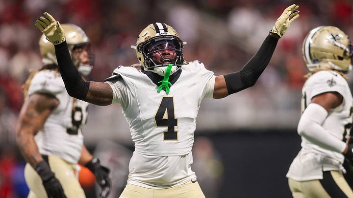 Jan. 4, 2026; Atlanta, Georgia, USA; New Orleans Saints cornerback Kool-Aid McKinstry (4) reacts after a play against the Atlanta Falcons in the fourth quarter at Mercedes-Benz Stadium. Mandatory Credit: Brett Davis-Imagn Images