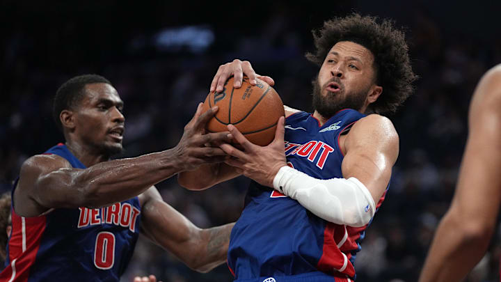 Jan 30, 2026; San Francisco, California, USA; Detroit Pistons guard Cade Cunningham (2) holds onto a rebound next to center Jalen Duren (0) against the Golden State Warriors in the fourth quarter at the Chase Center. Mandatory Credit: Cary Edmondson-Imagn Images Jan 30, 2026; San Francisco, California, USA; Detroit Pistons guard Cade Cunningham (2) holds onto a rebound next to center Jalen Duren (0) against the Golden State Warriors in the fourth quarter at the Chase Center. Mandatory Credit: Cary Edmondson-Imagn Images