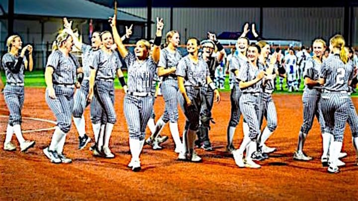 The South Warren Lady Spartans celebrate a victory over Orange Beach High School April 9, 2026.