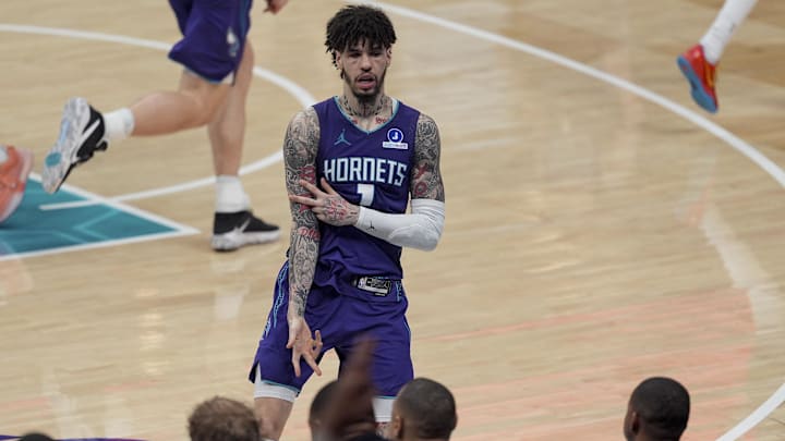 Feb 11, 2026; Charlotte, North Carolina, USA; Charlotte Hornets guard LaMelo Ball (1) reacts to making a three-point basket during the second half against the Atlanta Hawks at Spectrum Center. Mandatory Credit: Jim Dedmon-Imagn Images Feb 11, 2026; Charlotte, North Carolina, USA; Charlotte Hornets guard LaMelo Ball (1) reacts to making a three-point basket during the second half against the Atlanta Hawks at Spectrum Center. Mandatory Credit: Jim Dedmon-Imagn Images