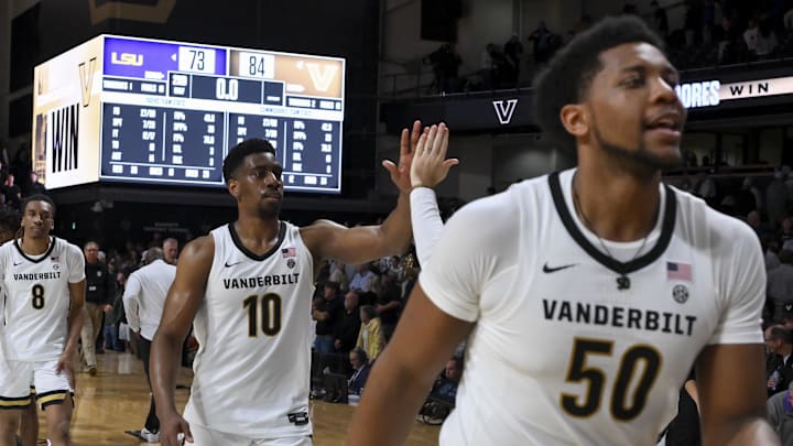 Jan 10, 2026; Nashville, Tennessee, USA; Vanderbilt Commodores forward Ak Okereke (10) celebrates the win against the Louisiana State Tigers during the second half at Memorial Gymnasium. Mandatory Credit: Steve Roberts-Imagn Images