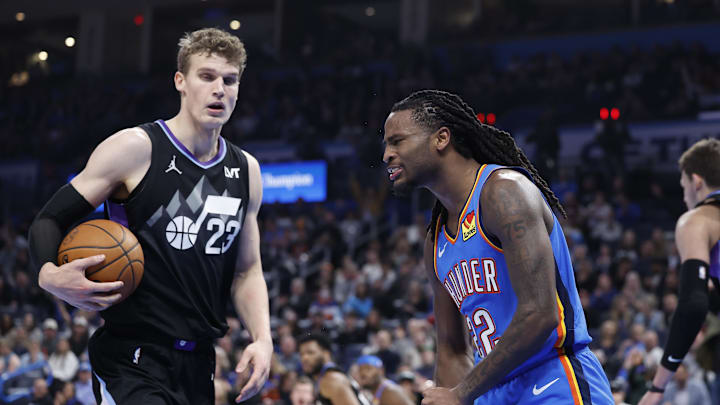 Jan 22, 2025; Oklahoma City, Oklahoma, USA; Oklahoma City Thunder guard Cason Wallace (22) reacts after dunking against the Utah Jazz during the second quarter at Paycom Center. Mandatory Credit: Alonzo Adams-Imagn Images Jan 22, 2025; Oklahoma City, Oklahoma, USA; Oklahoma City Thunder guard Cason Wallace (22) reacts after dunking against the Utah Jazz during the second quarter at Paycom Center. Mandatory Credit: Alonzo Adams-Imagn Images
