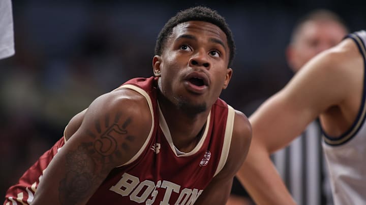 Jan 4, 2025; Atlanta, Georgia, USA; Boston College Eagles guard Fred Payne (5) in action against the Georgia Tech Yellow Jackets in the first half at McCamish Pavilion. Mandatory Credit: Brett Davis-Imagn Images