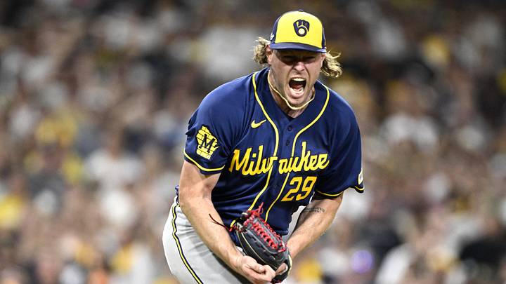 Oct 7, 2026; San Diego, California, USA;  Milwaukee Brewers pitcher Trevor Megill (29) celebrates a strikeout to end the game against the San Diego Padres during the ninth inning in game four of the NLDS for the 2026 MLB Playoffs at Petco Park.  Mandatory Credit: Denis Poroy-Imagn Images