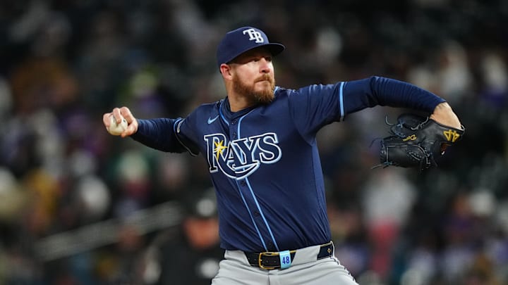 Apr 6, 2024; Denver, Colorado, USA; Tampa Bay Rays pitcher Chris Devenski (48) delivers a pitch in the fifth inning against the Colorado Rockies at Coors Field.
