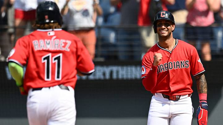 May 17, 2026: Cleveland Guardians shortstop Brayan Rocchio (4) celebrates on a home run hit by Cleveland Guardians designated hitter Jose Ramirez (11) during the eighth inning against the Cincinnati Reds at Progressive Field. Credit: Ken Blaze-Imagn Images May 17, 2026: Cleveland Guardians shortstop Brayan Rocchio (4) celebrates on a home run hit by Cleveland Guardians designated hitter Jose Ramirez (11) during the eighth inning against the Cincinnati Reds at Progressive Field. Credit: Ken Blaze-Imagn Images