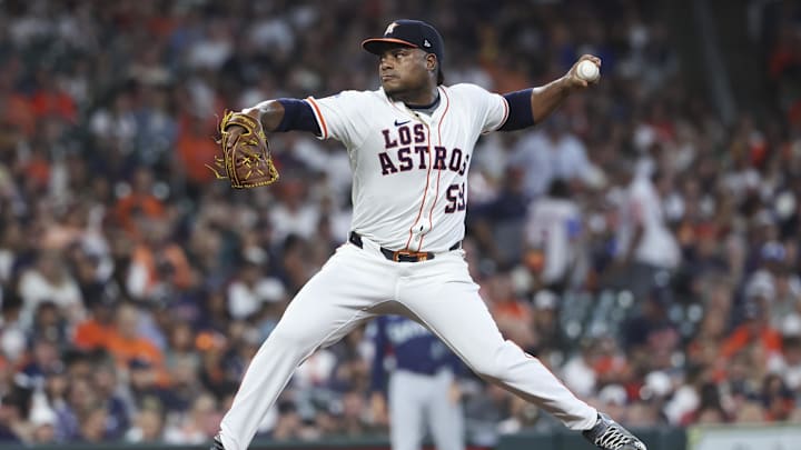 Sep 20, 2025; Houston, Texas, USA; Houston Astros starting pitcher Framber Valdez (59) delivers a. pitch during the first inning against the Seattle Mariners at Daikin Park. Mandatory Credit: Troy Taormina-Imagn Images Sep 20, 2025; Houston, Texas, USA; Houston Astros starting pitcher Framber Valdez (59) delivers a. pitch during the first inning against the Seattle Mariners at Daikin Park. Mandatory Credit: Troy Taormina-Imagn Images