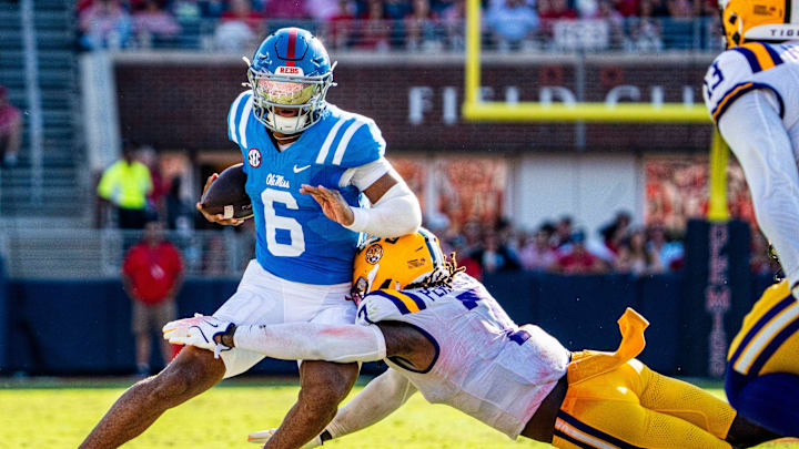 Ole Miss quarterback Trinidad Chambliss (6) carries the ball during a college football game between Ole Miss and LSU at Vaught-Hemingway Stadium in Oxford, Miss., on Saturday, Sept. 27, 2025.