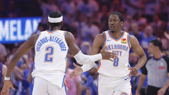 May 13, 2025; Oklahoma City, Oklahoma, USA; Oklahoma City Thunder forward Jalen Williams (8) and guard Shai Gilgeous-Alexander (2) celebrate after a scoring against the Denver Nuggets during the first quarter of game five of the second round for the 2025 NBA Playoffs at Paycom Center. Mandatory Credit: Alonzo Adams-Imagn Images