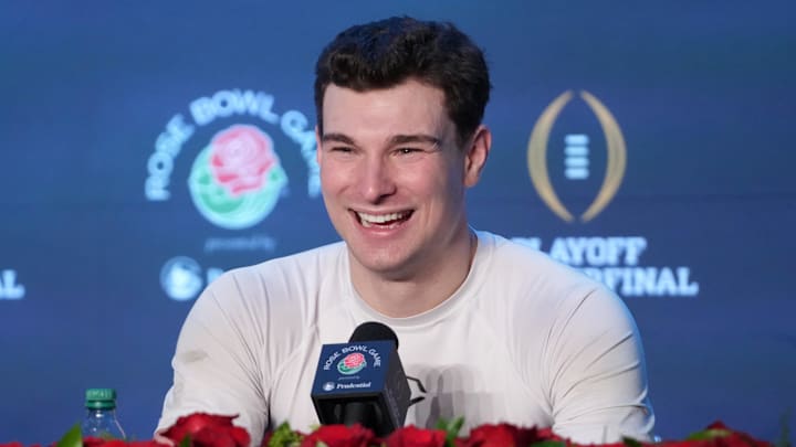 Jan 1, 2026; Pasadena, CA, USA; Indiana Hoosiers quarterback Fernando Mendoza (15) speaks in a press conference after defeating the Alabama Crimson Tide in the 2026 Rose Bowl and quarterfinal game of the College Football Playoff at Rose Bowl Stadium. Mandatory Credit: Kirby Lee-Imagn Images Jan 1, 2026; Pasadena, CA, USA; Indiana Hoosiers quarterback Fernando Mendoza (15) speaks in a press conference after defeating the Alabama Crimson Tide in the 2026 Rose Bowl and quarterfinal game of the College Football Playoff at Rose Bowl Stadium. Mandatory Credit: Kirby Lee-Imagn Images