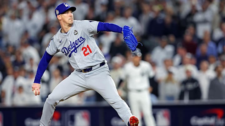 Oct 30, 2024; New York, New York, USA; Los Angeles Dodgers pitcher Walker Buehler (21) pitches during the ninth inning against the New York Yankees in game four of the 2024 MLB World Series at Yankee Stadium. Mandatory Credit: Brad Penner-Imagn Images