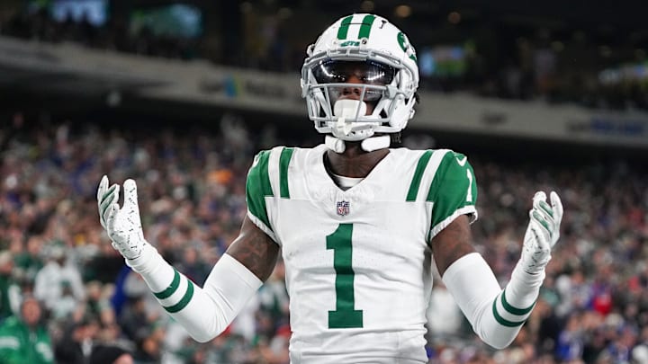 Oct 14, 2024; East Rutherford, New Jersey, USA; New York Jets cornerback Sauce Gardner (1) reacts to a call during the first half against the Buffalo Bills at MetLife Stadium. Mandatory Credit: Lucas Boland-Imagn Images