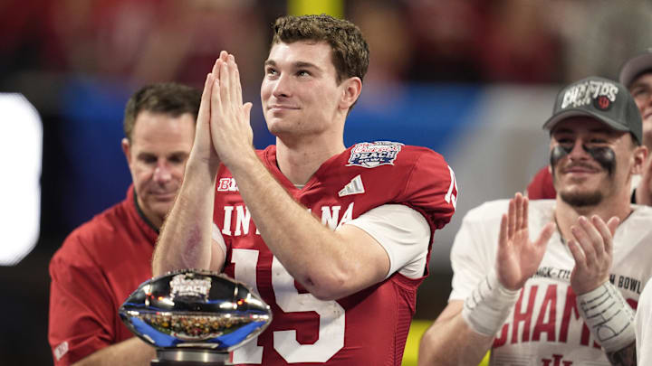 Indiana Hoosiers quarterback Fernando Mendoza (15) reacts after the 2025 Peach Bowl