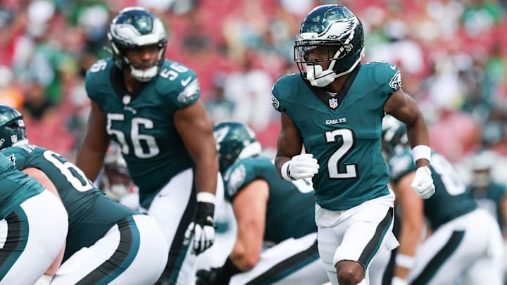 Sep 28, 2025; Tampa, Florida, USA; Philadelphia Eagles wide receiver Jahan Dotson (2) moves down the line of scrimmage during the third quarter against the Tampa Bay Buccaneers at Raymond James Stadium. Mandatory Credit: Nathan Ray Seebeck-Imagn Images