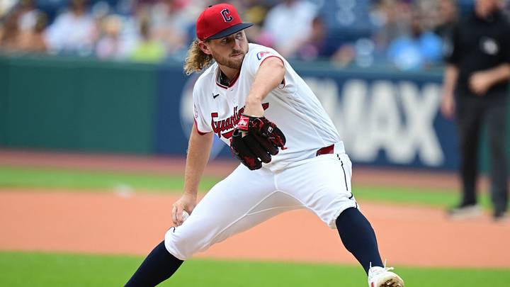 Aug 16, 2026: Cleveland Guardians pitcher Tanner Bibee (28) throws a pitch during the first inning against the San Diego Padres at Progressive Field. Credit: David Dermer-Imagn Images
