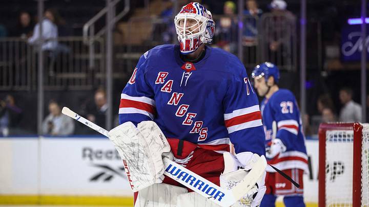 Sep 24, 2026; New York, New York, USA; New York Rangers goaltender Joonas Korpisalo (70) checks back into the game following a timeout against the New Jersey Devils in the first period at Madison Square Garden. Mandatory Credit: Wendell Cruz-Imagn Images Sep 24, 2026; New York, New York, USA; New York Rangers goaltender Joonas Korpisalo (70) checks back into the game following a timeout against the New Jersey Devils in the first period at Madison Square Garden. Mandatory Credit: Wendell Cruz-Imagn Images