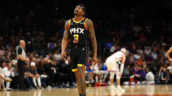 Former Phoenix Suns guard Bradley Beal (3) reacts against the Oklahoma City Thunder during the second half at Footprint Center. Former Phoenix Suns guard Bradley Beal (3) reacts against the Oklahoma City Thunder during the second half at Footprint Center.