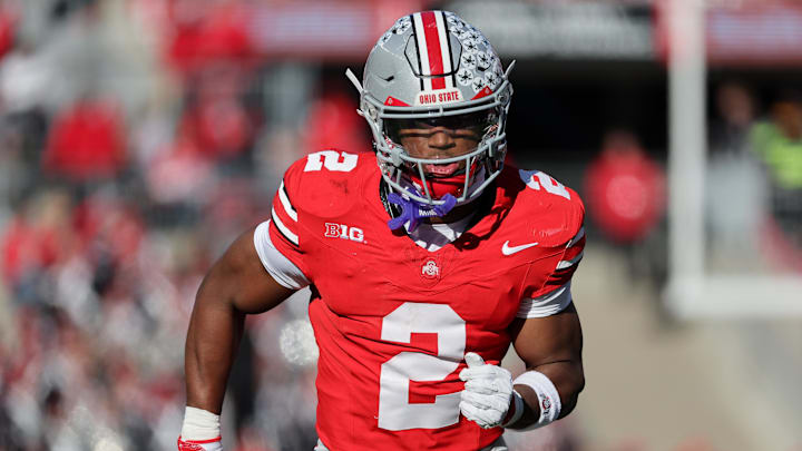 Ohio State Buckeyes safety Caleb Downs runs against the Rutgers Scarlet Knights during the third quarter at Ohio Stadium. 