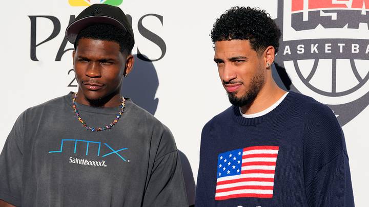 Aug 5, 2024; Paris, FRANCE; United States guard Anthony Edwards (L) and guard Tyrese Haliburton pose for a photograph during the Paris 2024 Olympic Summer Games at Team USA House. Mandatory Credit: John David Mercer-USA TODAY Sports