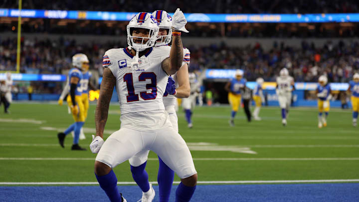 Dec 23, 2023; Inglewood, California, USA; Buffalo Bills wide receiver Gabe Davis (13) celebrates after scoring a 57-yard touchdown during the second quarter against the Los Angeles Chargers at SoFi Stadium. Dec 23, 2023; Inglewood, California, USA; Buffalo Bills wide receiver Gabe Davis (13) celebrates after scoring a 57-yard touchdown during the second quarter against the Los Angeles Chargers at SoFi Stadium.
