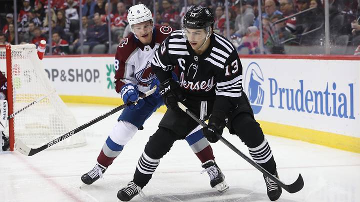 Cale Makar of the Colorado Avalanche and Nico Hischier of the New Jersey Devils Cale Makar of the Colorado Avalanche and Nico Hischier of the New Jersey Devils