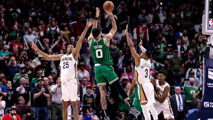 Jan 31, 2025; New Orleans, Louisiana, USA; Boston Celtics forward Jayson Tatum (0) makes a basket to give them the lead against the New Orleans Pelicans with .2 seconds left on the clock during the second half at Smoothie King Center. Mandatory Credit: Stephen Lew-Imagn Images