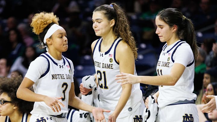 Notre Dame guard Hannah Hidalgo (3) checks out of a NCAA women's basketball game between Notre Dame and SMU at Purcell Pavilion on Sunday, Jan. 19, 2025, in South Bend.