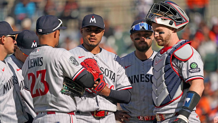 Mar 28, 2026; Baltimore, Maryland, USA; Minnesota Twins  pitcher Taj Bradley (26) awaits a mound visit during the first inning against the Baltimore Orioles at Oriole Park at Camden Yards.