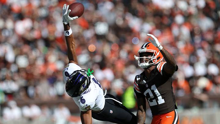 Oct 18, 2026; Cleveland, Ohio, USA; Baltimore Ravens wide receiver Ja'Kobi Lane (6) attempts to grab a pass under pressure from Cleveland Browns cornerback Denzel Ward (21) in the second quarter at Huntington Bank Field. Mandatory Credit: Scott Galvin-Imagn Images Oct 18, 2026; Cleveland, Ohio, USA; Baltimore Ravens wide receiver Ja'Kobi Lane (6) attempts to grab a pass under pressure from Cleveland Browns cornerback Denzel Ward (21) in the second quarter at Huntington Bank Field. Mandatory Credit: Scott Galvin-Imagn Images