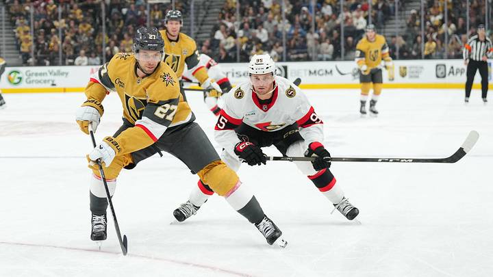 Oct 27, 2026; Las Vegas, Nevada, USA; Vegas Golden Knights defenseman Shea Theodore (27) and Ottawa Senators left wing Andre Burakovsky (95) chase the puck in the second period at T-Mobile Arena. Mandatory Credit: Candice Ward-Imagn Images Oct 27, 2026; Las Vegas, Nevada, USA; Vegas Golden Knights defenseman Shea Theodore (27) and Ottawa Senators left wing Andre Burakovsky (95) chase the puck in the second period at T-Mobile Arena. Mandatory Credit: Candice Ward-Imagn Images