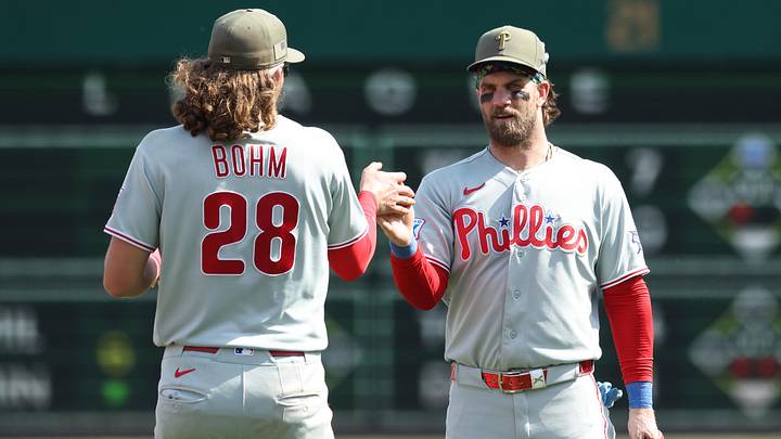 May 17, 2026; Pittsburgh, Pennsylvania, USA; Philadelphia Phillies third baseman Alec Bohm (28) and first baseman Bryce Harper (right) celebrate after defeating the Pittsburgh Pirates at PNC Park. May 17, 2026; Pittsburgh, Pennsylvania, USA; Philadelphia Phillies third baseman Alec Bohm (28) and first baseman Bryce Harper (right) celebrate after defeating the Pittsburgh Pirates at PNC Park.
