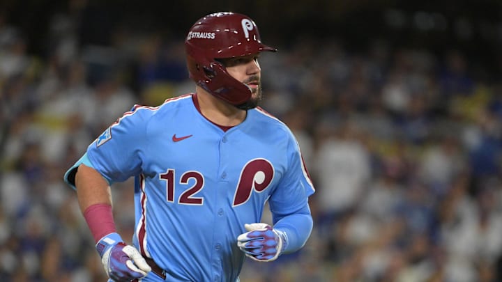 Oct 8, 2025; Los Angeles, California, USA; Philadelphia Phillies designated hitter Kyle Schwarber (12) rounds the bases hitting a solo home run off Los Angeles Dodgers pitcher Yoshinobu Yamamoto (18) during the fourth inning of game three of the NLDS during the 2025 MLB playoffs at Dodger Stadium. Mandatory Credit: Jayne Kamin-Oncea-Imagn Images Oct 8, 2025; Los Angeles, California, USA; Philadelphia Phillies designated hitter Kyle Schwarber (12) rounds the bases hitting a solo home run off Los Angeles Dodgers pitcher Yoshinobu Yamamoto (18) during the fourth inning of game three of the NLDS during the 2025 MLB playoffs at Dodger Stadium. Mandatory Credit: Jayne Kamin-Oncea-Imagn Images