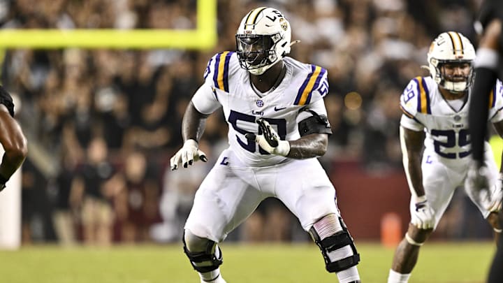 LSU Tigers offensive lineman Emery Jones Jr. lines up during the second quarter against the Texas A&M Aggies.