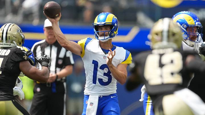 Aug 22, 2026; Inglewood, California, USA; Los Angeles Rams quarterback Stetson Bennett IV (13) throws the ball against the New Orleans Saints in the first half at SoFi Stadium. Mandatory Credit: Kirby Lee-Imagn Images Aug 22, 2026; Inglewood, California, USA; Los Angeles Rams quarterback Stetson Bennett IV (13) throws the ball against the New Orleans Saints in the first half at SoFi Stadium. Mandatory Credit: Kirby Lee-Imagn Images
