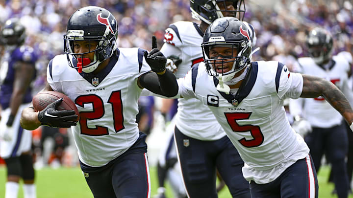 Sep 10, 2023; Baltimore, Maryland, USA; Houston Texans cornerback Steven Nelson (21) reacts after
