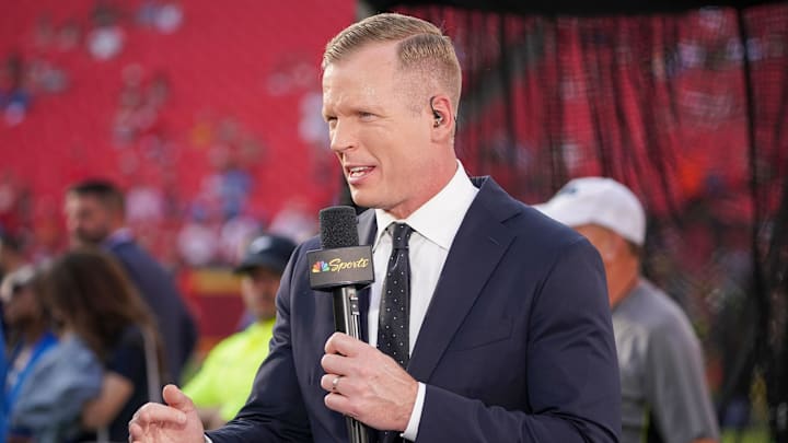 Sep 7, 2023; Kansas City, Missouri, USA; NBC Sports analyst Chris Simms on field prior to a game between the Kansas City Chiefs and Detroit Lions at GEHA Field at Arrowhead Stadium. Mandatory Credit: Denny Medley-Imagn Images