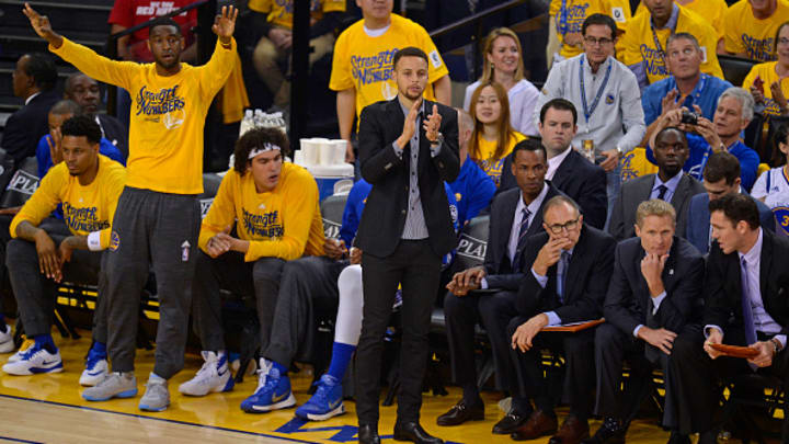 Stephen Curry in street clothes during the 2016 NBA Playoffs. 