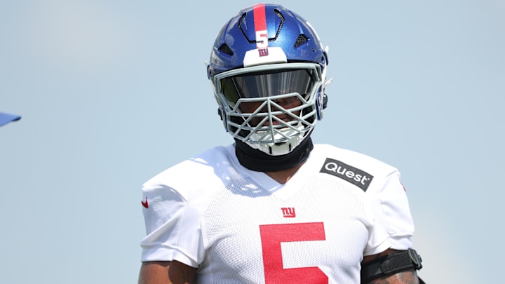 Jul 23, 2025; East Rutherford, NJ, USA; New York Giants linebacker Kayvon Thibodeaux (5) on the field during training camp at Quest Diagnostics Training Center. Mandatory Credit: Vincent Carchietta-Imagn Images