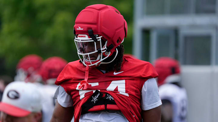 Georgia offensive lineman Jahzare Jackson (64) at the first day of fall practice in Athens, Georgia, on Thursday, July 31, 2025.