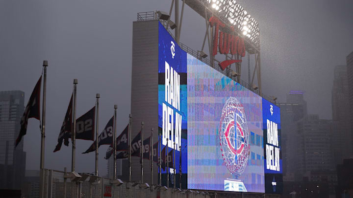 Sep 4, 2025; Minneapolis, Minnesota, USA; Rain falls at Target Field delaying the game between the Chicago White Sox and the Minnesota Twins. Mandatory Credit: Bruce Kluckhohn-Imagn Images Sep 4, 2025; Minneapolis, Minnesota, USA; Rain falls at Target Field delaying the game between the Chicago White Sox and the Minnesota Twins. Mandatory Credit: Bruce Kluckhohn-Imagn Images