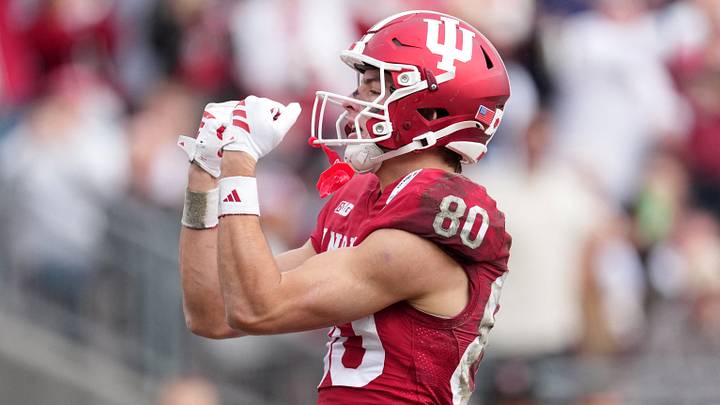 Jan 1, 2026; Pasadena, CA, USA; Indiana Hoosiers wide receiver Charlie Becker (80) celebrates scoring a touchdown against the Alabama Crimson Tide in the first half of the 2026 Rose Bowl and quarterfinal game of the College Football Playoff at Rose Bowl Stadium. Mandatory Credit: Kirby Lee-Imagn Images