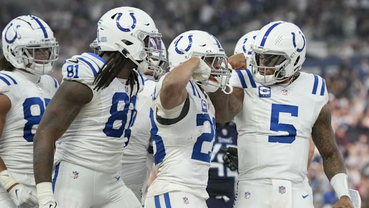 Dec 22, 2024; Indianapolis, Indiana, USA; Indianapolis Colts quarterback Anthony Richardson (5) celebrates after thinking he scored a touchdown during a game against the Tennessee Titans  at Lucas Oil Stadium. Mandatory Credit: Grace Hollars/USA Today Network via Imagn Images 