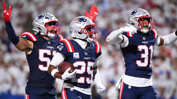 Oct 5, 2025; Orchard Park, New York, USA; New England Patriots cornerback Marcus Jones (25) reacts after an interception against the Buffalo Bills during the second half at Highmark Stadium. Mandatory Credit: Mark Konezny-Imagn Images